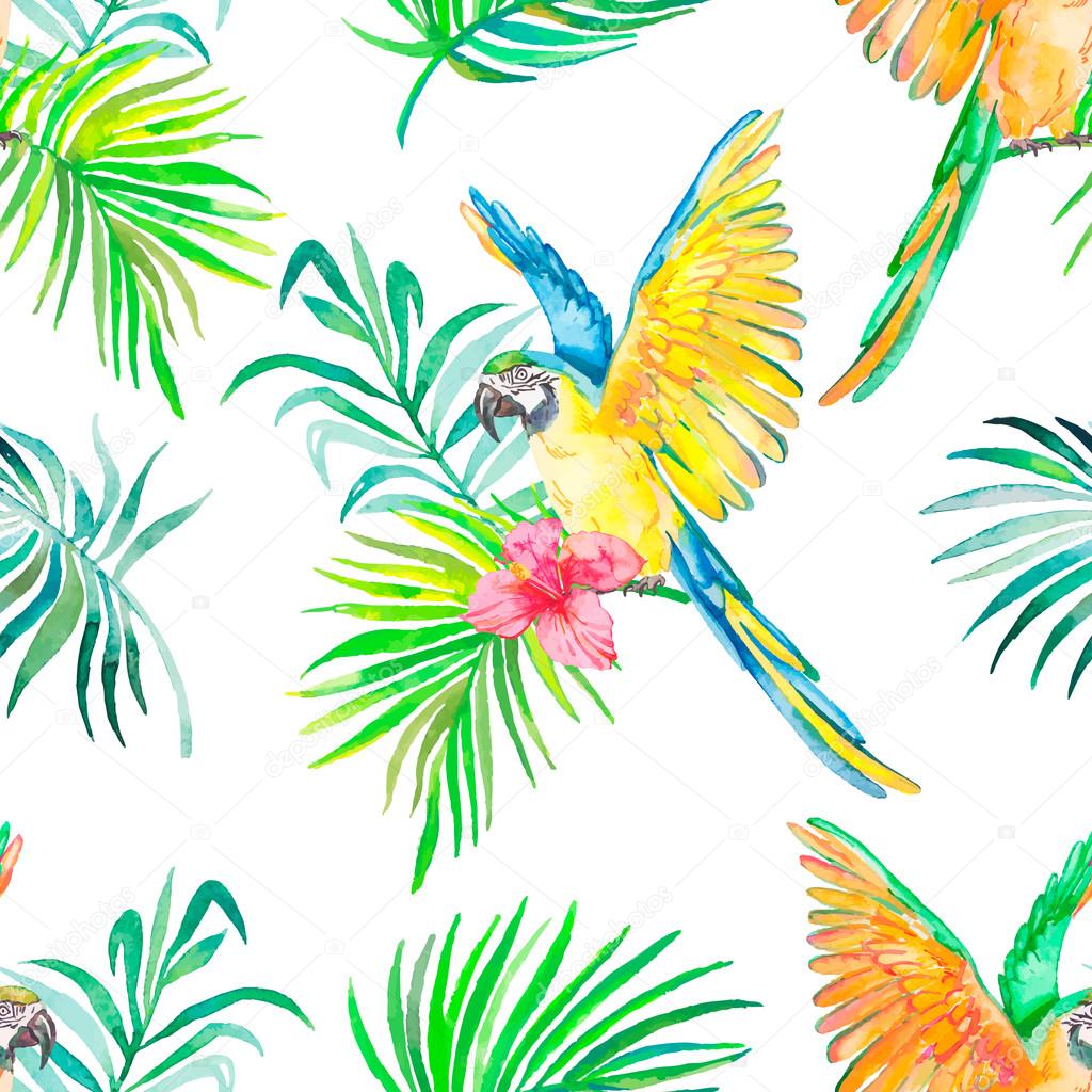 Macaw seamless pattern. Transparent background. Palm leaves and
