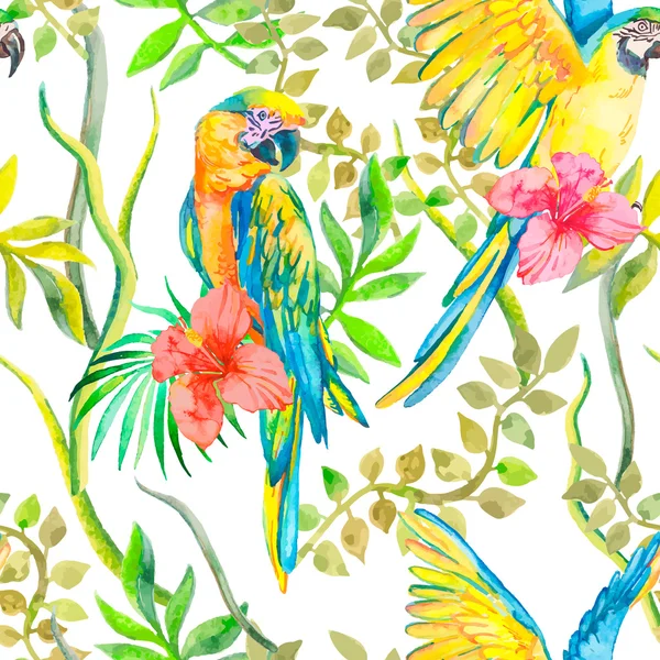 Papoušek bezešvé vzor. Aktuální květin a listí, ibišek. Tropické papoušek. Exotické. pro návrh. — Stock fotografie