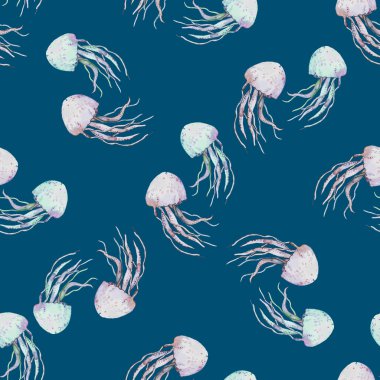 Elle çizilmiş denizanası. Vektör çizim suluboya ile. Okyanus.