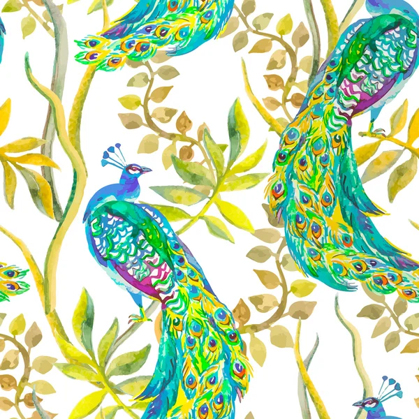 Hermoso patrón de pavo real. Vector. Pavos reales y plantas, flores tropicales ,. — Archivo Imágenes Vectoriales