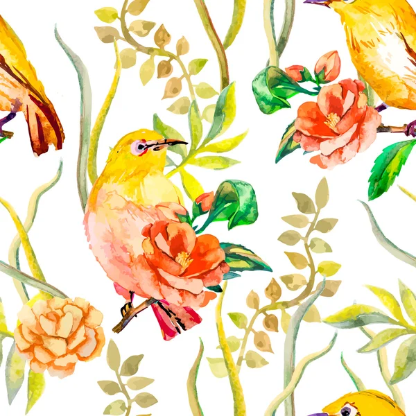 Aquarell. Tropen und Blumen. Weißaugenvogel, Kamelie. Vektor — Stockvektor