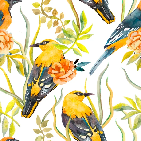 Seamless pattern of birds and plants. Bird pattern and camellia. Vector. Leaves. — Stock Vector