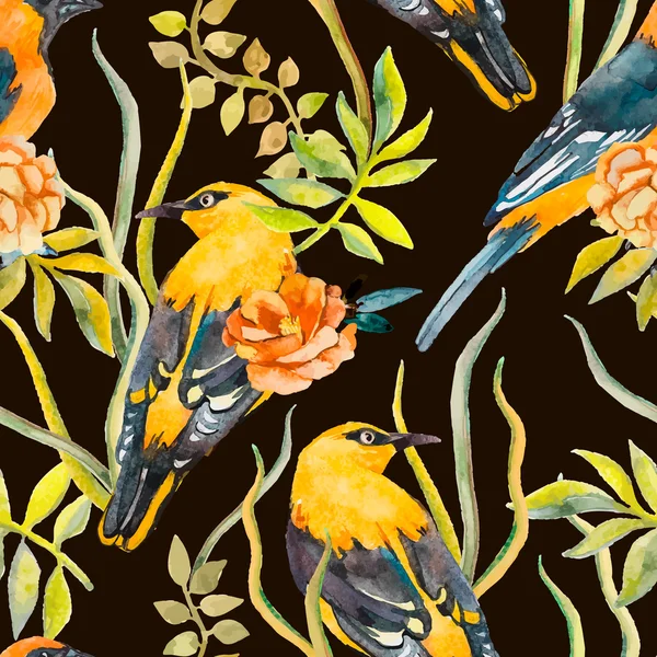 Seamless pattern of birds and plants. Vector. Leaves. — Stock Vector