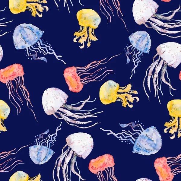 Barevné medúzy. Vzorek moře. Bezešvé pattern akvarel. Vektor. — Stockový vektor