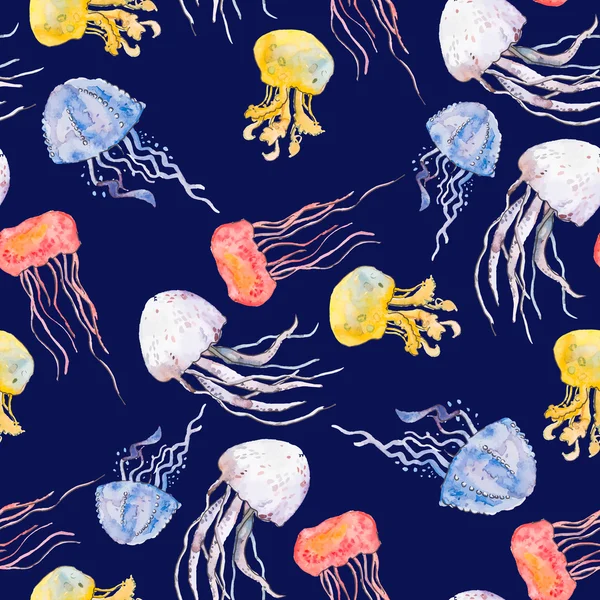 Des méduses colorées. Modèle de mer. Motif sans couture aquarelle. Vecteur . — Image vectorielle