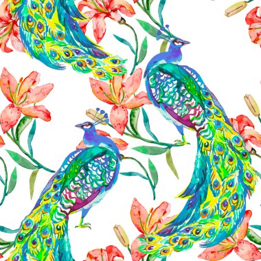 Güzel tavuskuşu desen. Vektör. Tavus kuşu ve lily.