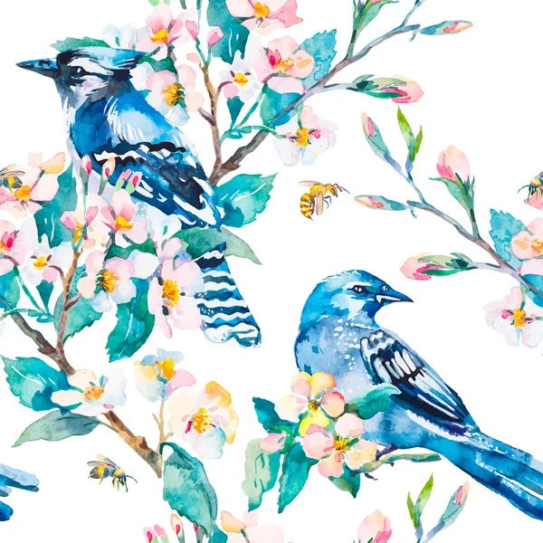 Blue jay på en blommande gren. Våren mönster. Akvarell konst. — Stock vektor