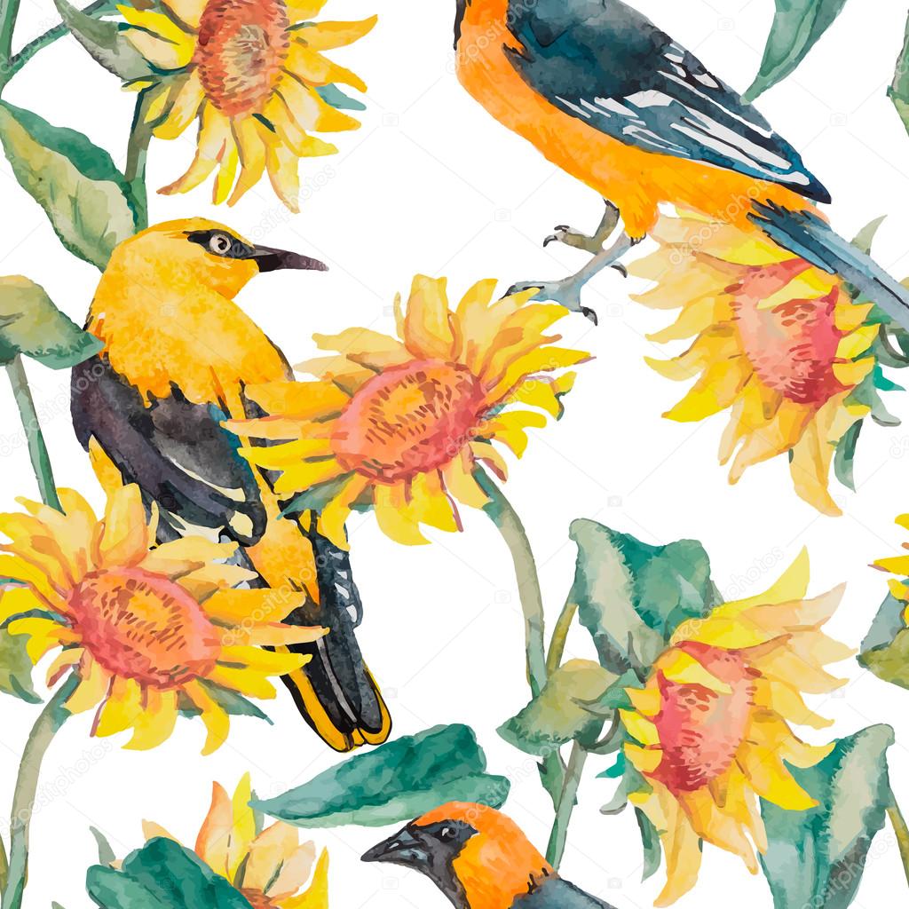 ひまわりとオリオール パターン水彩画。エキゾチックな鳥。水彩画