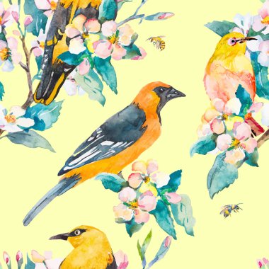 Bahar desen. Çiçekli dal. Sarıasma ve White-eye kuş suluboya desen. Arılar, wasp. Suluboya. Vektör.