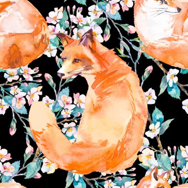 Yaban hayatı desen. Fox ve çiçekli dalları. Vektör.