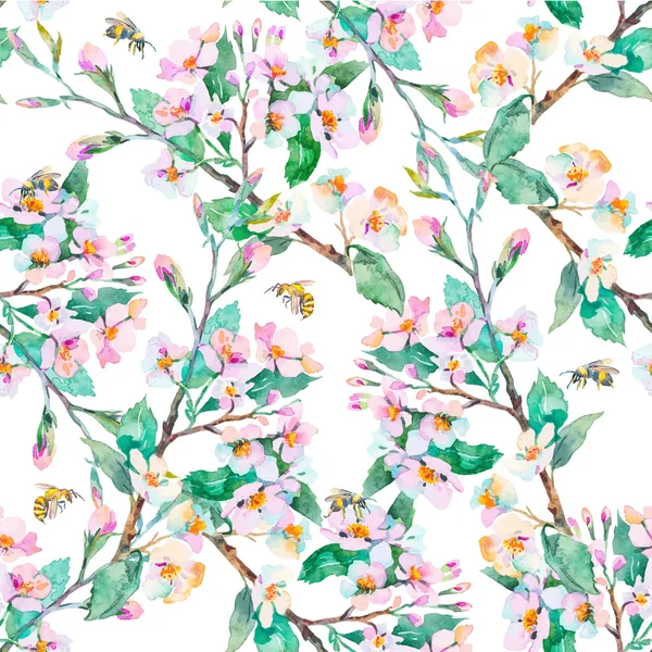 Motif printanier. Branches et abeilles en fleurs. Aquarelle. Vecteur . — Image vectorielle