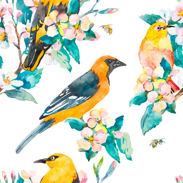 Lente patroon. De vertakking van de bloei. Oriole en brilvogels aquarel patroon van de vogel. Bijen, wesp. Aquarel. Vector. — Stockvector