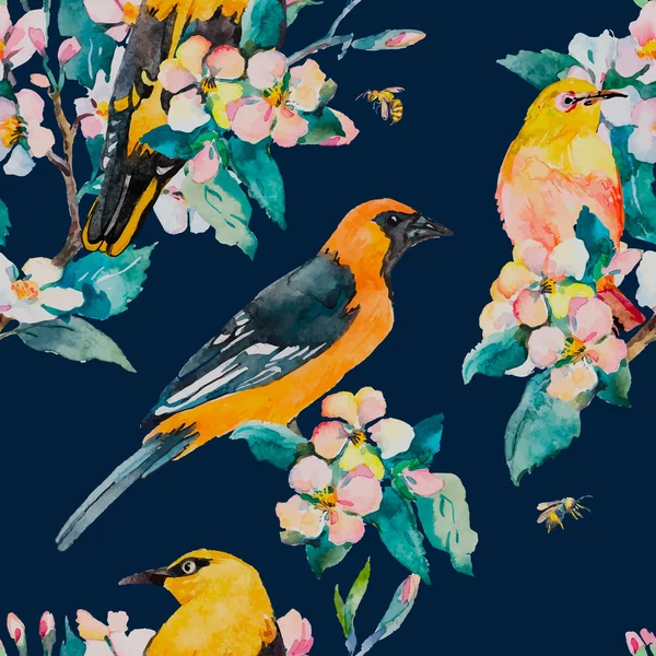 Lente patroon. De vertakking van de bloei. Oriole en brilvogels aquarel patroon van de vogel. Bijen, wesp. Aquarel. Vector. — Stockvector
