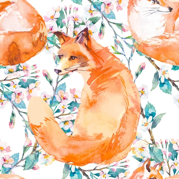 Wildlife pattern. Fox and flowering branches. Vector. — Stock Vector