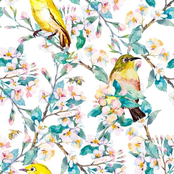 Frühlingsblumen und Vögel. Muster. Aquarell. Vektor. blühender Zweig. — Stockvektor