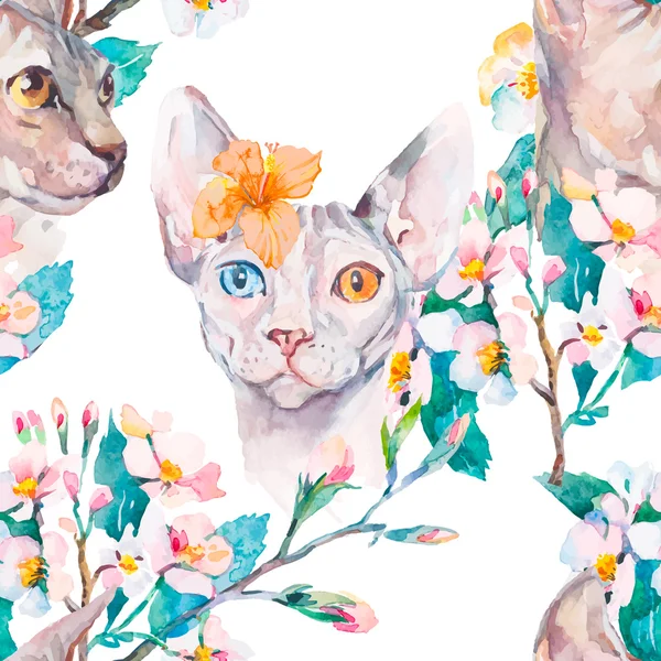 El desen zarif Sphynx kedi ve tropikal çiçek çekilmiş. Kedi moda portre. Sfenks. Bahar desen. Çiçekli dallar. Suluboya. Vektör.