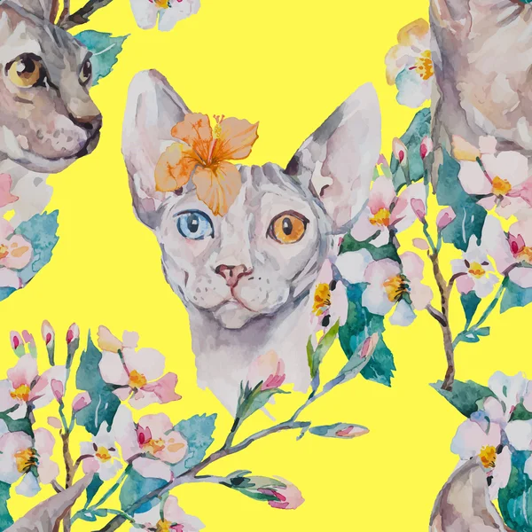 Hand dras mönster eleganta Sphynx katt och tropisk blomma. Mode porträtt av katt. Sphinx. Våren mönster. Blommande grenar. Akvarell. Vektor. — Stock vektor
