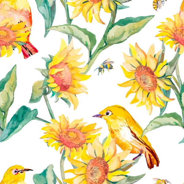 Watercolor pattern.White-eye bird and sunflower. — Stock Vector