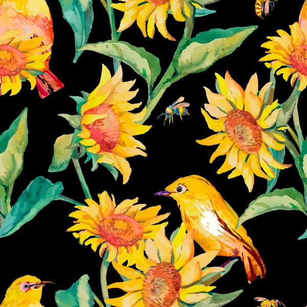 Akvarell mönster. Glasögonfågel fågel och solros. — Stock vektor
