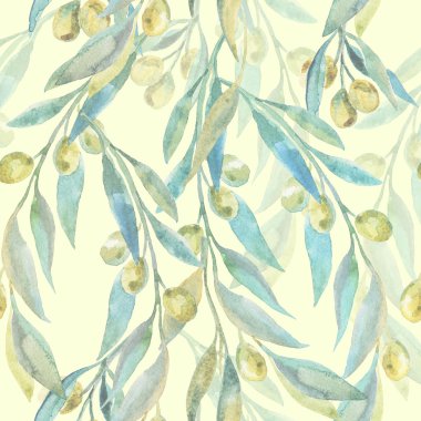 Suluboya yeşil zeytin. Zeytin dalı. Şık ve kaliteli desen.