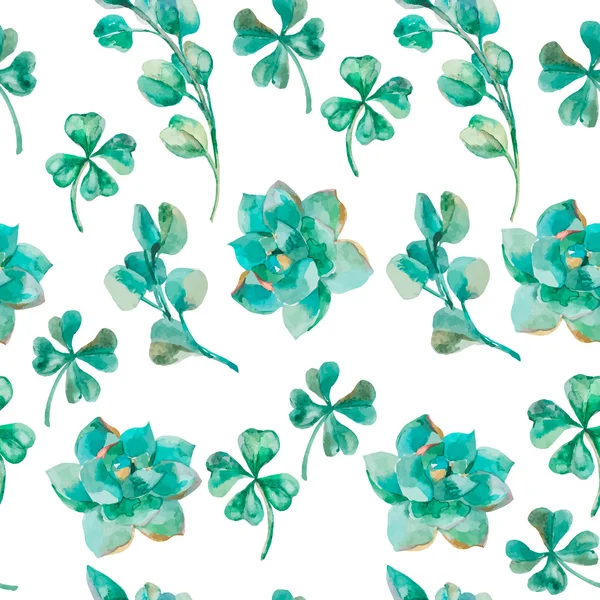 Vetor aquarela folhas e galhos de eucalipto, suculento, trevo. Padrão de aquarela pintado à mão. Shamrock. . —  Vetores de Stock