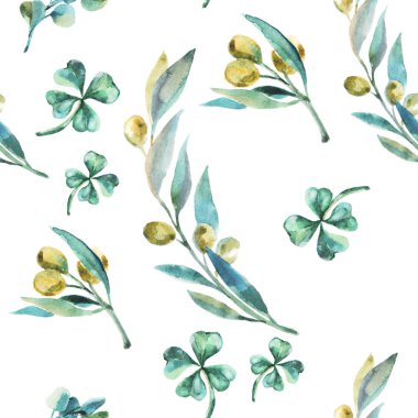 Sulu Boya yeşil zeytin deseni. Zeytin dalı.