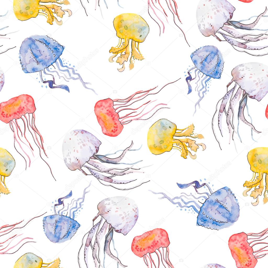 Colorful Jellyfish Sea Pattern Seamless Pattern Watercolor Stock Photo C Boyurelizaveta
