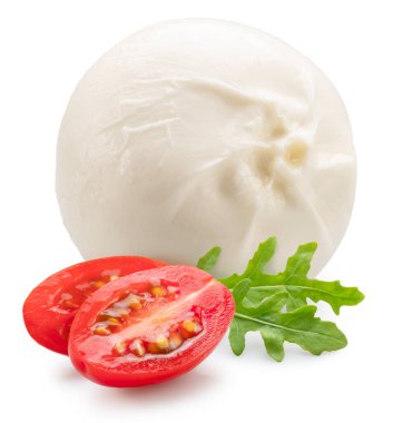 Bir top mozzarella ya da beyaz arka planda taze roka yapraklı burrata peyniri ve domates. Dosya kırpma yolu.