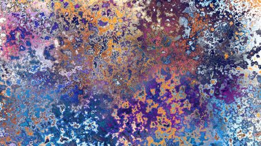 Soyut pas benzeri organik doku, canlı mermer renkler, paslanmış metal yüzey etkisi ve anlamlı kaotik desen.