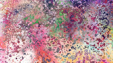 Soyut pas benzeri organik doku, canlı mermer renkler, paslanmış metal yüzey etkisi ve anlamlı kaotik desen.