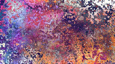 Soyut pas benzeri organik doku, canlı mermer renkler, paslanmış metal yüzey etkisi ve anlamlı kaotik desen.