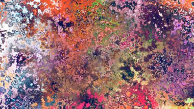 Soyut pas benzeri organik doku, canlı mermer renkler, paslanmış metal yüzey etkisi ve anlamlı kaotik desen.