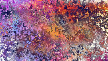 Soyut pas benzeri organik doku, canlı mermer renkler, paslanmış metal yüzey etkisi ve anlamlı kaotik desen.