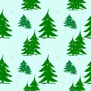 Seamless pattern green fir trees on snow with silver snowflakes