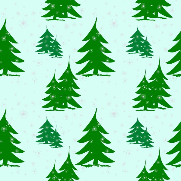 Nahtloses Muster grüne Tannen auf Schnee mit silbernen Schneeflocken — Stockfoto