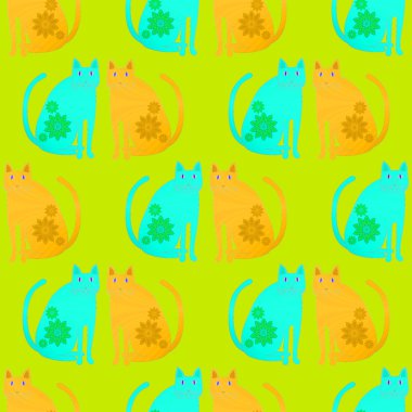 Seamless pattern abstract cats yellow turquoise green