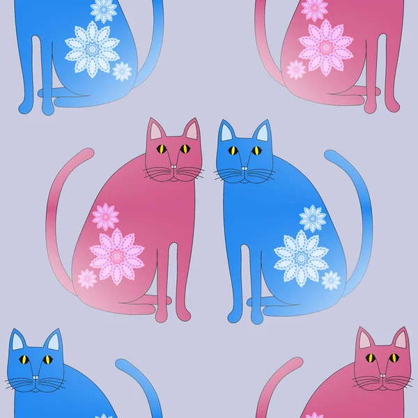 Бесшовный рисунок красные и синие кошки на светло-серый — стоковое фото