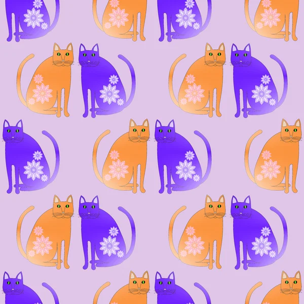 Бесшовный рисунок оранжевый и фиолетовый кошки на сирени — стоковое фото