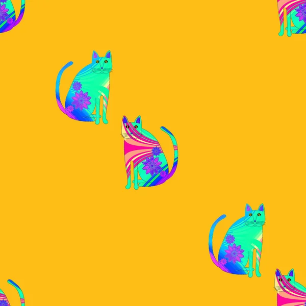 Seamless pattern multicolored cats on yellow — Stock Photo, Image