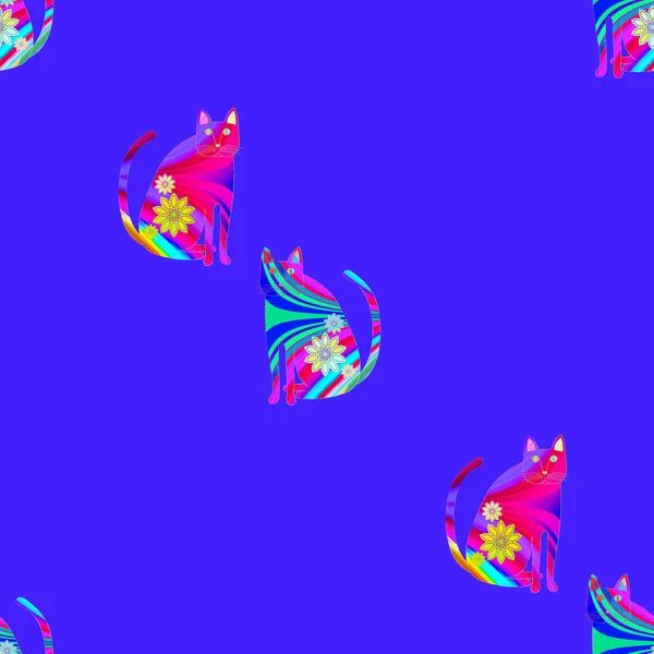 Seamless pattern abstract cats multicolored on blue purple — ストック写真