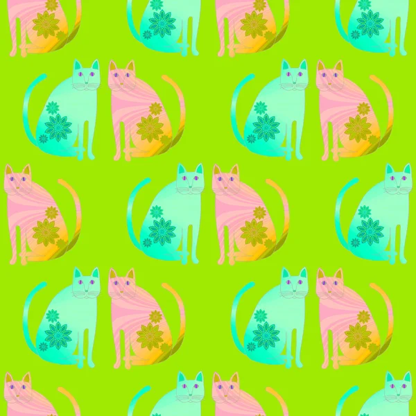 Безшовный рисунок сидя кошки бирюзовый и розовый на зеленый — стоковое фото