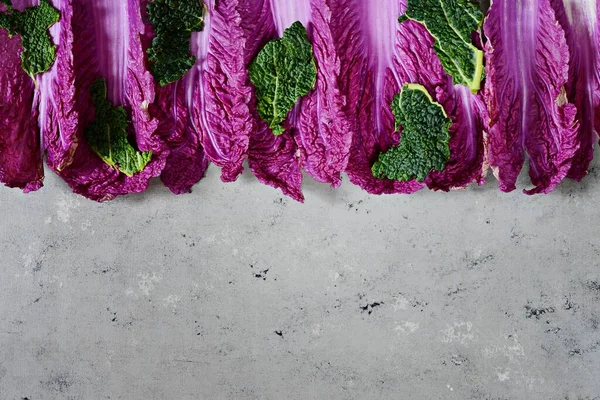 Mor Çin lahanasından taze yapraklar ve gri arka planda yeşil lahana yaprakları. Düz yatıyordu. Mevsimlik sebzeler, üst manzara.