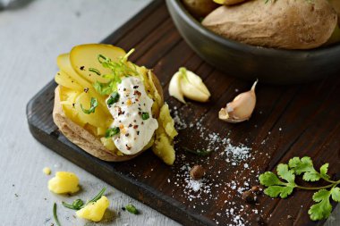 Baharatlarla, otlarla, otlarla dolu bir kabukta haşlanmış patates. Öğle yemeği, ana yemek, ekşi kremalı..