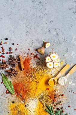 Çeşitli baharat tozları (kırmızı biber, köri, kişniş, zencefil, kurutulmuş soğan ve sarımsak, zerdeçal, tarçın, biber, anason) ve mavi bir zemin üzerinde (biberiye, defne yaprağı). Hint ve Asya mutfağı.