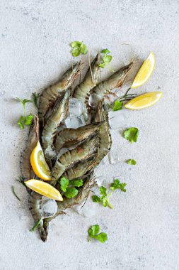 Limon dilimli taze kaplan karidesleri, açık gri arka planda buz küplerindeki baharatlar ve otlar. Çiğ deniz ürünleri pişirmeye hazır.