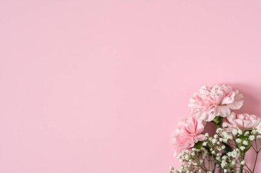 Köşedeki pembe arka planda beyaz çingene buketi ve pembe karanfiller.