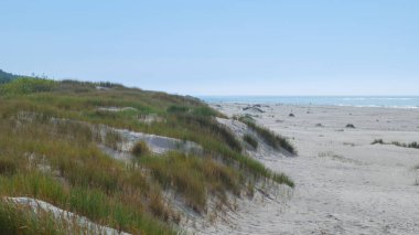 Baltık Denizi 'nde güzel, geniş, kumlu bir sahil. Kumullar kum tepelerini kaplıyor. Clera gökyüzü. Uzayı kopyala Slajszewo, Polonya