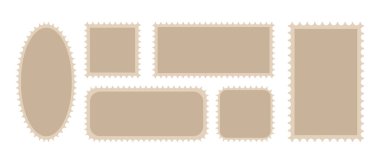 Kartpostal pulu çerçeve vektörü. Posta kenarı olan bir kartpostal etiketi. Vintage boş etiket kare, dikdörtgen ve yuvarlak albüm albümü veya ofis tasviri. Delinmiş seyahat grafiği