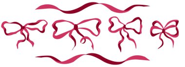 Pembe kurdele yay vektörü. Sevgililer günü hediyesi olarak şirin bir kravat. Y2k davetiyesi için romantik çizgili sigara. Zarif Fransız sınır çerçevesi. Noel ya da düğün için dişi saten bant. Retro estetik