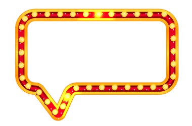 Karnaval çerçevesi ve kumarhane panosu parlayan tabela şeklinde dikdörtgen ışık. Tiyatro gösterisi ya da Broadway posteri için altın klasiklerde Retro sinema ampulü konuşma balonu. Boş reklam panosu izole edildi